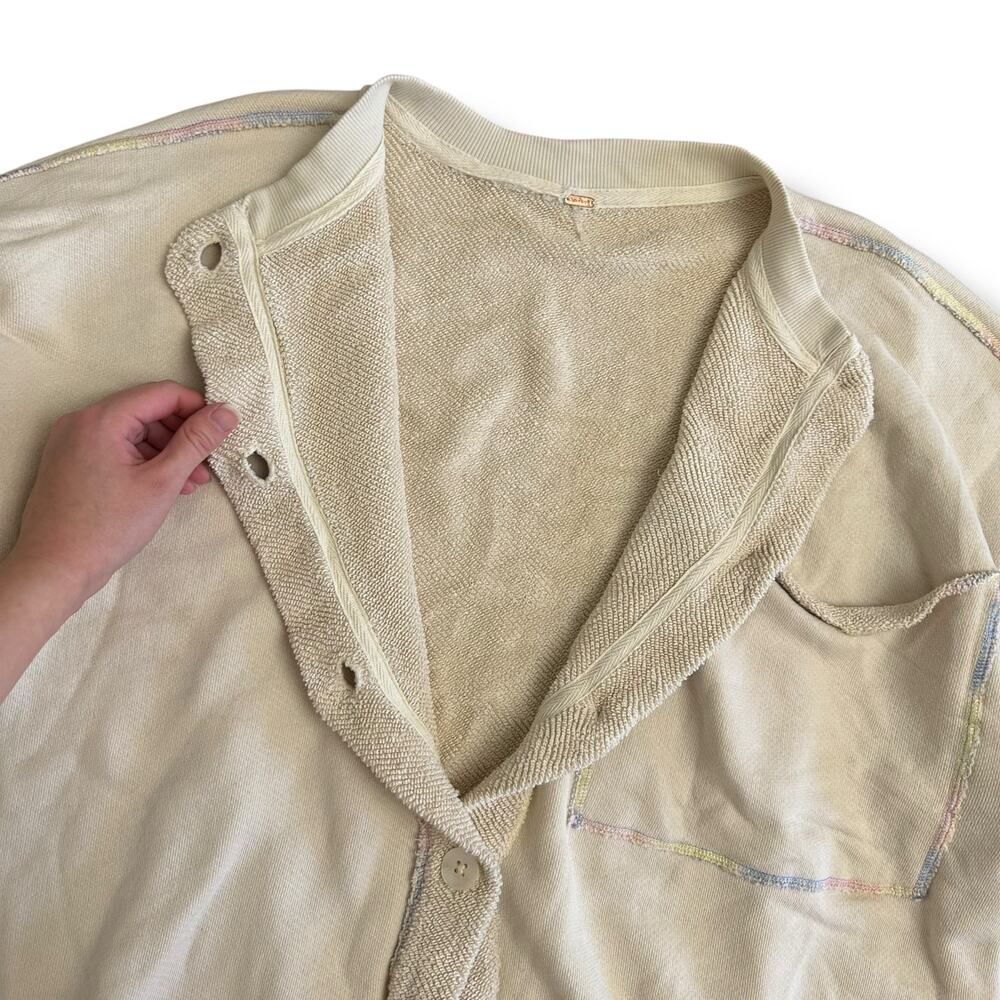 Free People Cream Cropped Boxy Cardigan L Rainbow Stitch Oversized Top - Picture 6 of 10